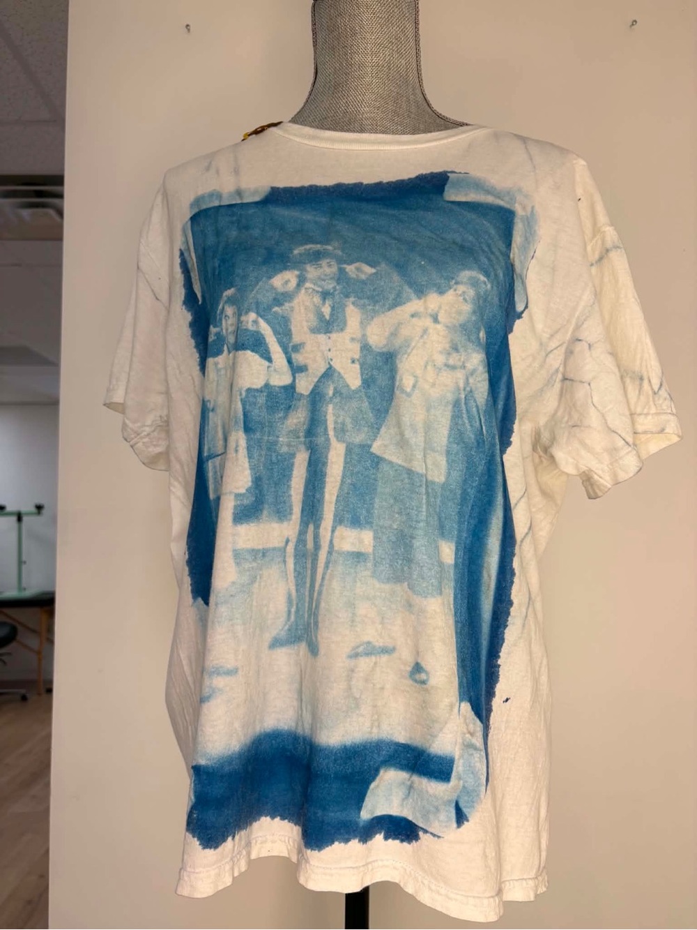 Vintage-Style White Tee with Blue Photo Print